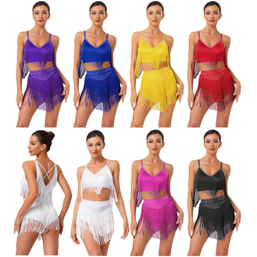 Womens Salsa Latin Dance Performance Costume V Neck Sleeveless Crisscross Back Fringe Crop Top Tiered Tassels Skirt