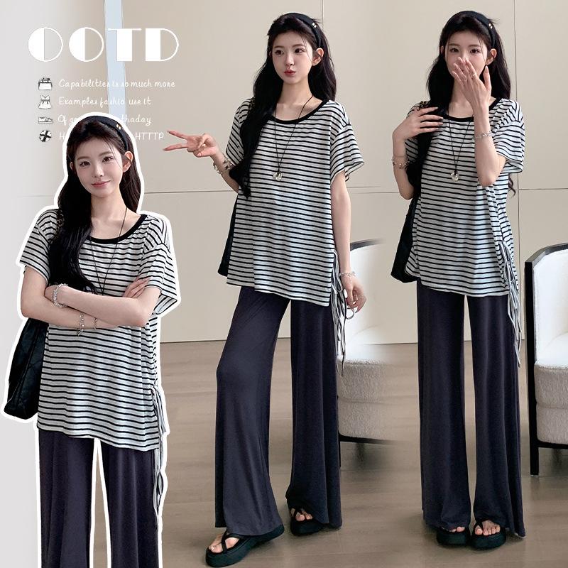 Summer 2026 Maternity Set: Ice-Cooling Striped Tie-Up Top and Modal Micro-Flare Pants. 2XL