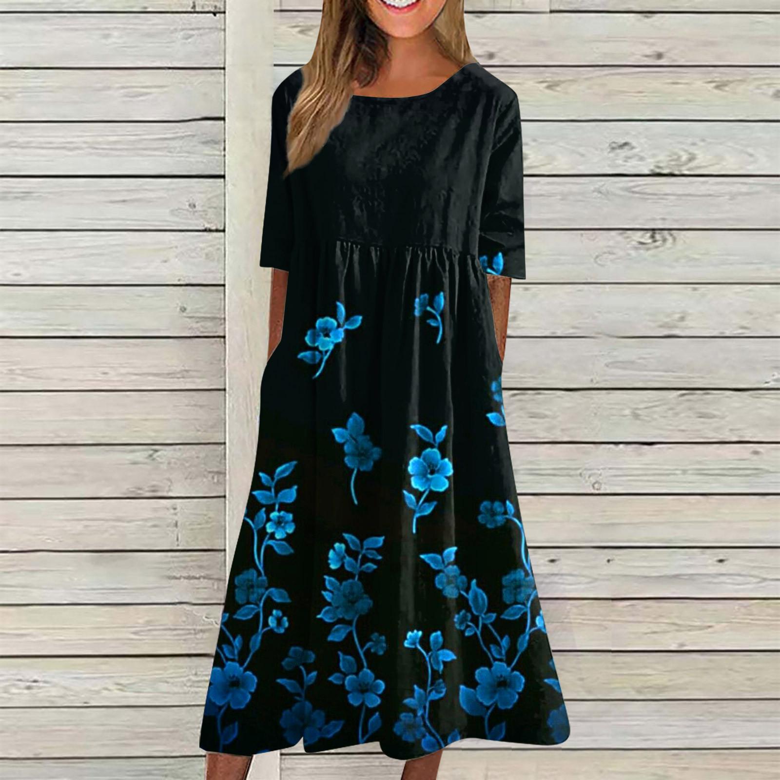 

Модное женское повседневное свободное платье с круглым вырезом и модным принтом, пуловер с коротким рукавом L синий