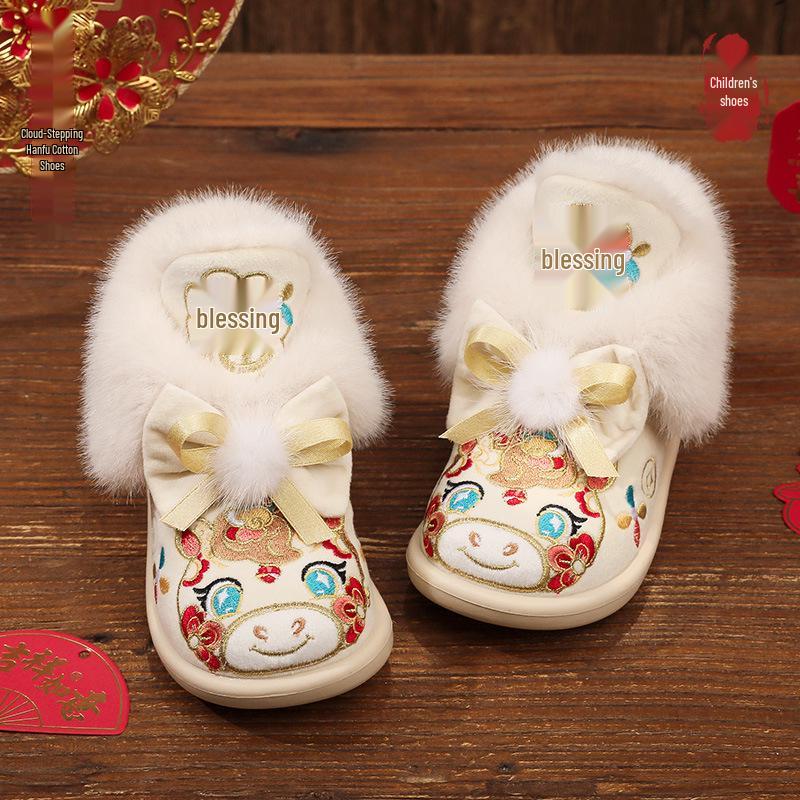 Neujahrs-Hanfu-Stiefel für Mädchen: Bestickte Winter-Baumwollschuhe mit Samt