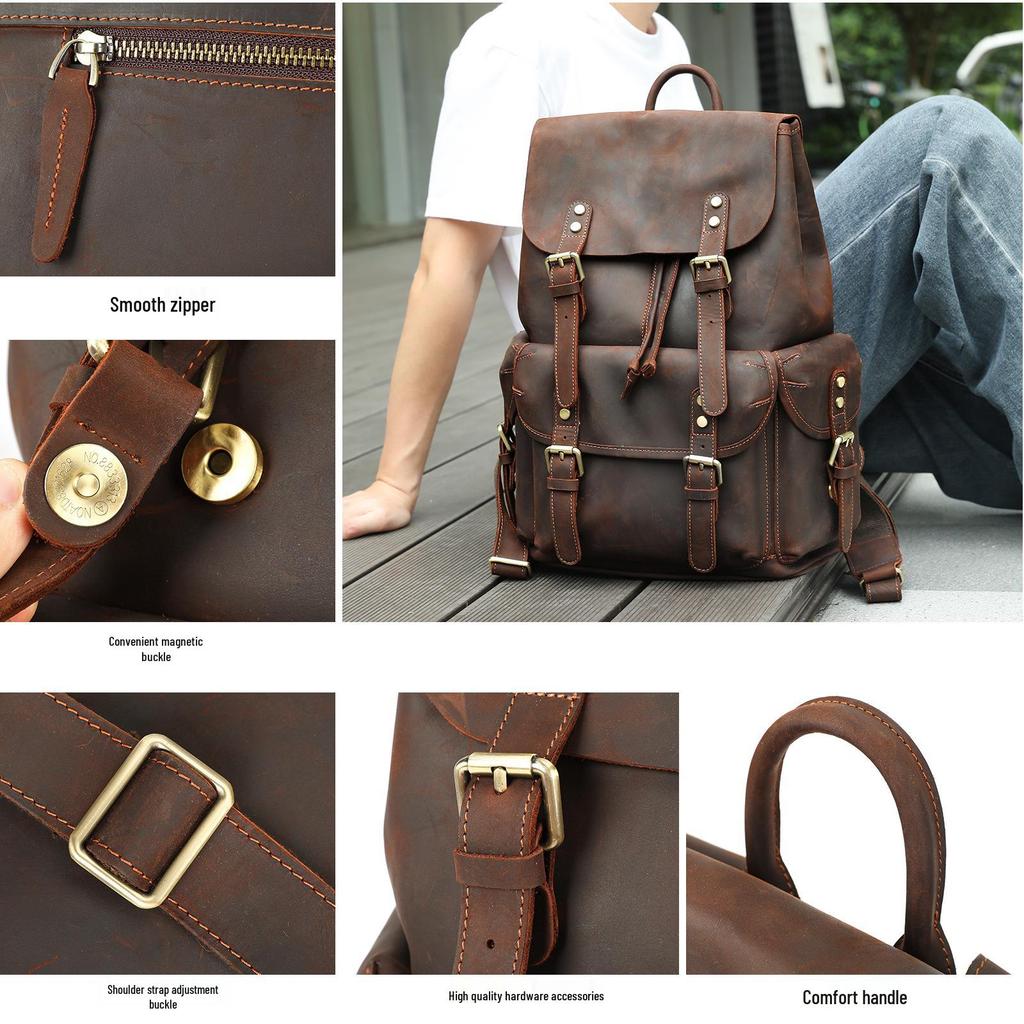 MASIWEI Retro Crazy Horse Leather Travel Backpack - Large Capacity, Genuine First Layer Cowhide for Men