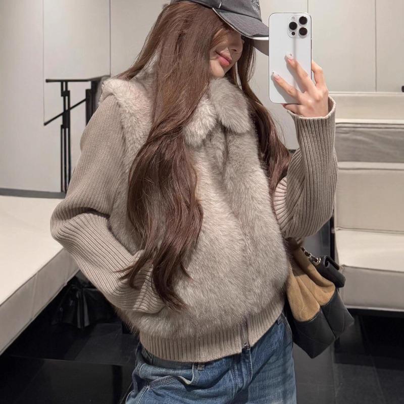 

Women s Fuzzy Fleece Paneled Knit Jacket Lapel Zip Up Warm Sweater Coat S світлого кольору хакі