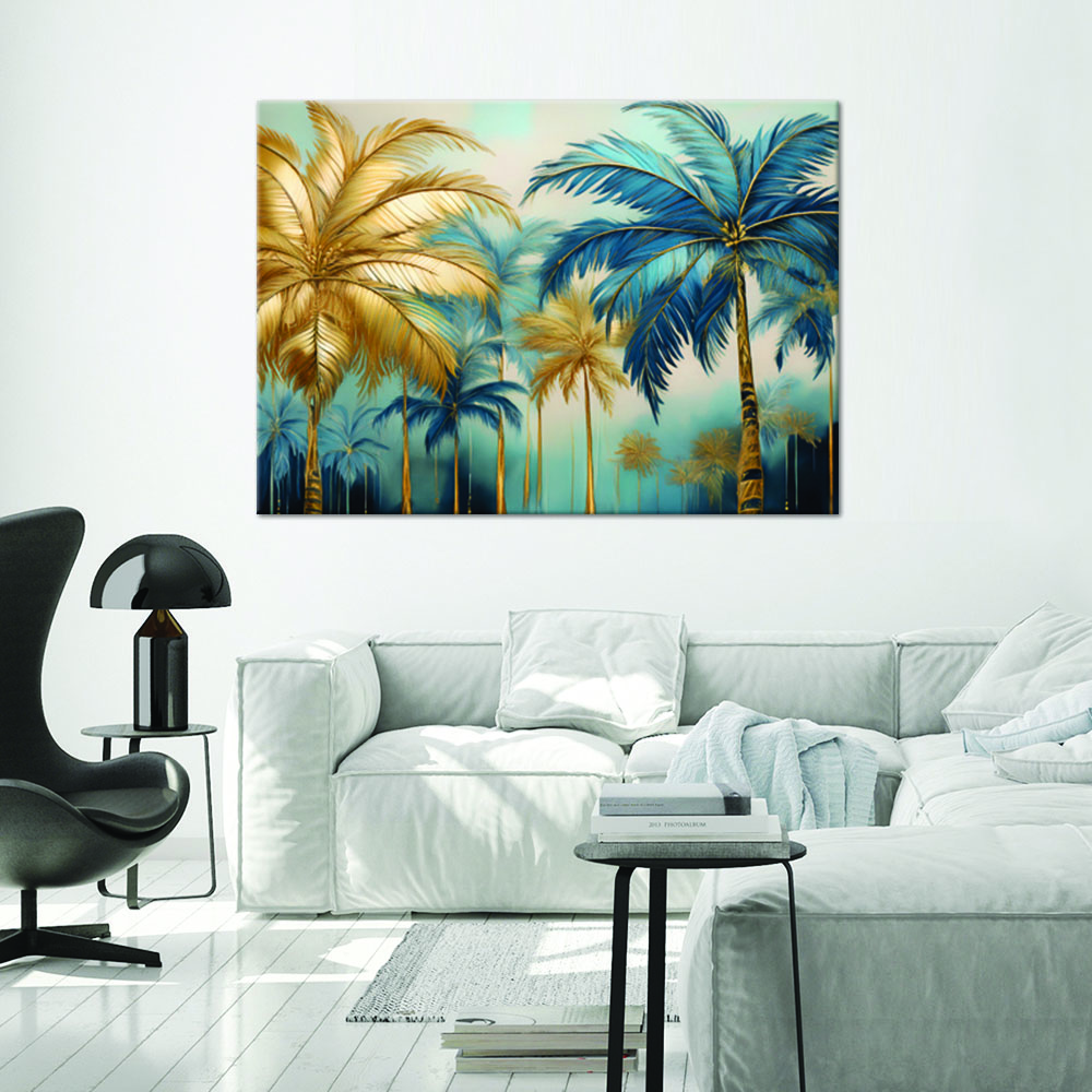 Canvas Print, Gold And Blue Palm Trees Abstraction