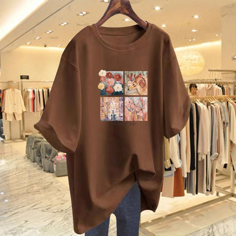 Dark green short-sleeved t-shirt women's large version loose pure cotton medium and long belly-covering and thin half-sleeved t-shirt ns tide