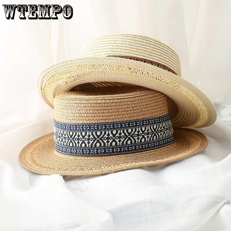 WTEMPO Women Summer Sun Protection Flat Top Straw Hat Travel and Tourism Sunshade Beach Hat