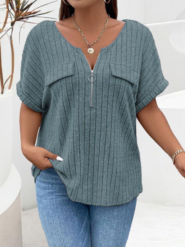 New solid color plus size women's blouse zipper short-sleeved fake pocket pullover T-shirt loose