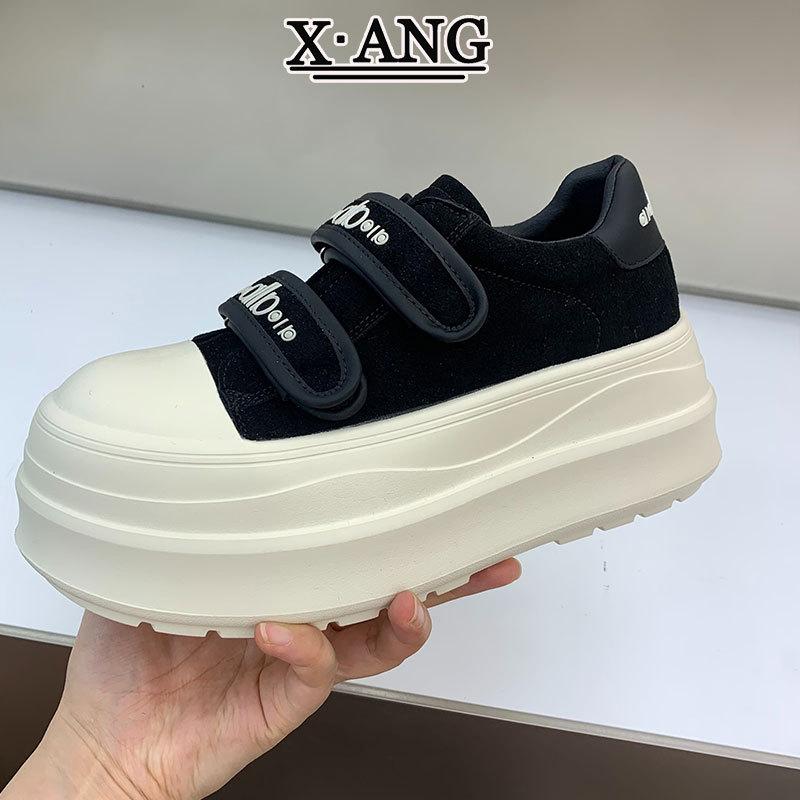 Thick-soled height-increasing small women's shoes leather Velcro board shoes new autumn casual sports shoes little white shoes