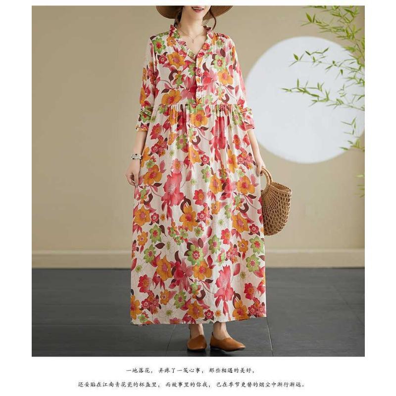 New Printed Loose Lace Long Sleeve Swing Long Dress