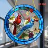 2D Flat Cardinal & Bluebird Stained Glass Decoration Sign, Autumn Leaves & Berries Design, Home Decor Plaque Hanging Wall Art Decorative Garden Decora