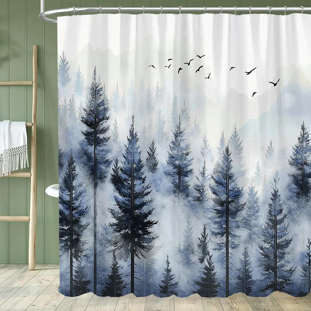 Misty Mountain Shower Curtain: Embrace the Serene Design, Soft Fabric, Natural Landscape Bathroom Decorative Curtain With Hooks