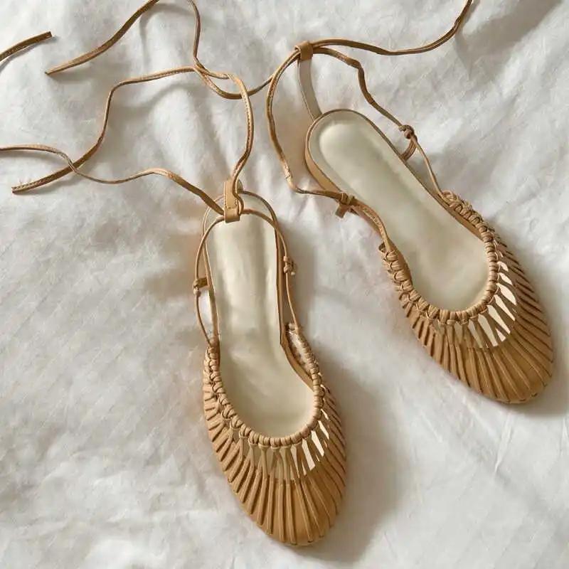 2025 Women Low Heels Sandals Woven Hollow Out Roman Sandals Fashion Lace-up Round Head Sandals Summer Casual Ankle Strap Flats