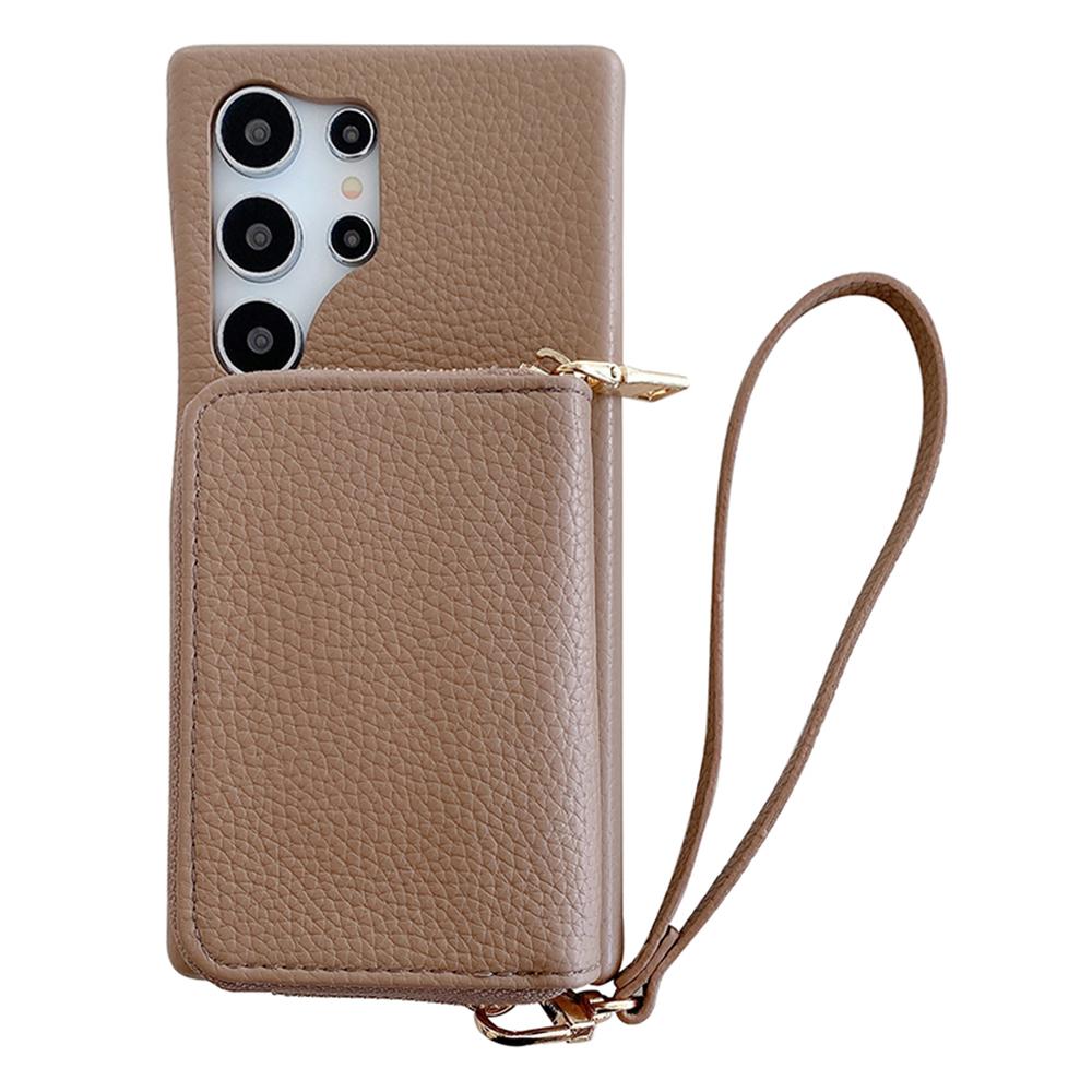 

Чехол для Samsung Galaxy S24 Ultra с молнией, слотами для карт, задняя крышка телефона из ПУ кожи с ремешком на запястье Light Brown