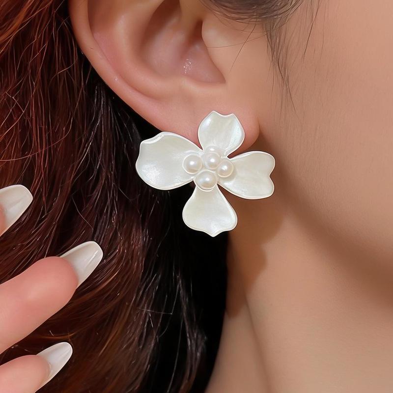 High-End Silver Needle Pearl Drop Earrings - Chic Floral Studs for Women
