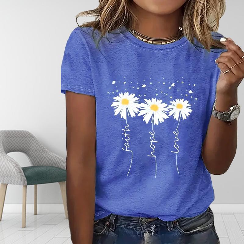 Women Summer T Shirt  Print Cute White Flowers  Short Sleeve Tees Casual   Printed  Tops