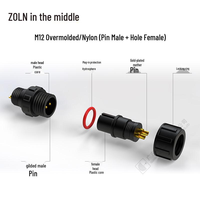 Mittlerer Lian M12 Wasserdichter Nylon-Signalstecker mit vergoldeter Kupferlegierung für die Kabelbaumverarbeitung
