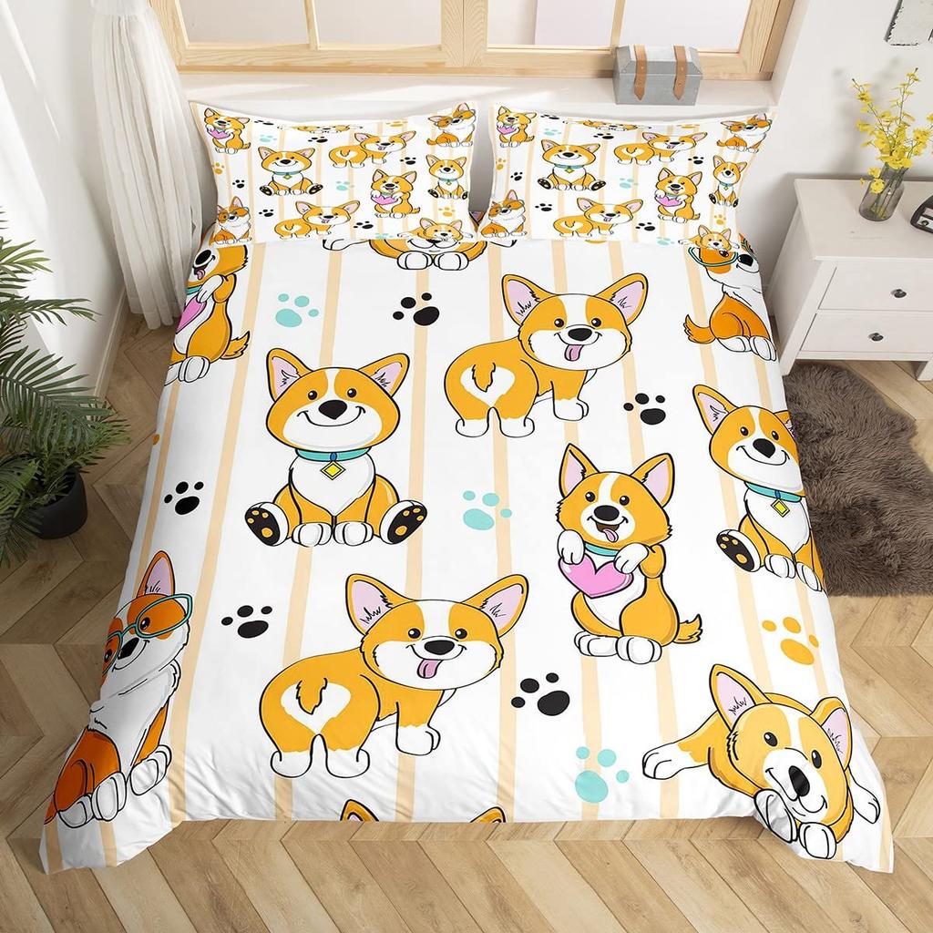 Pug Corgi Shiba Puppy Duvet Cover Set Dog Comforter Cover I Love Dogs Bedding Sets Kawaii Animals Cartoon Bedspreads Full Size