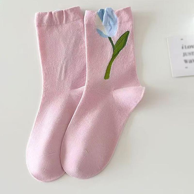 1/5 par Strumpor Mångsidiga Mellankorta Strumpor Bekväma Blommig Design Söt 3D-mönster Söt Tulpanform Andningsbar En Storlek