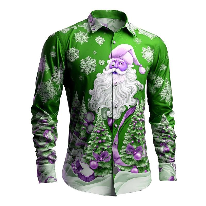 Christmas themed men's 3D snowflake Santa Claus print festive atmosphere lapel long-sleeved shirt casual slim-fit shirt