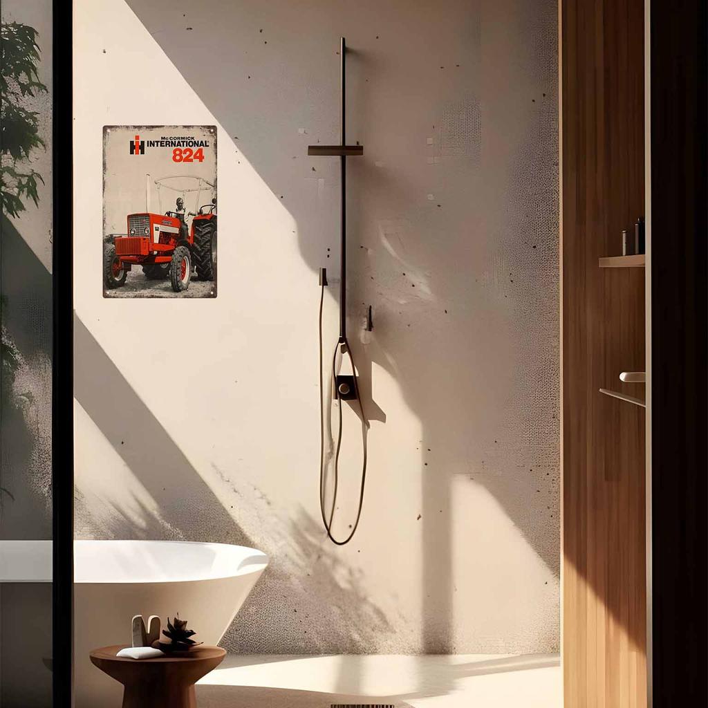 Blue Farm Utility Vehicle Driving Past Flowering Fields Vintage Metal Wall Sign Decor Poster Frames Garage Living Room