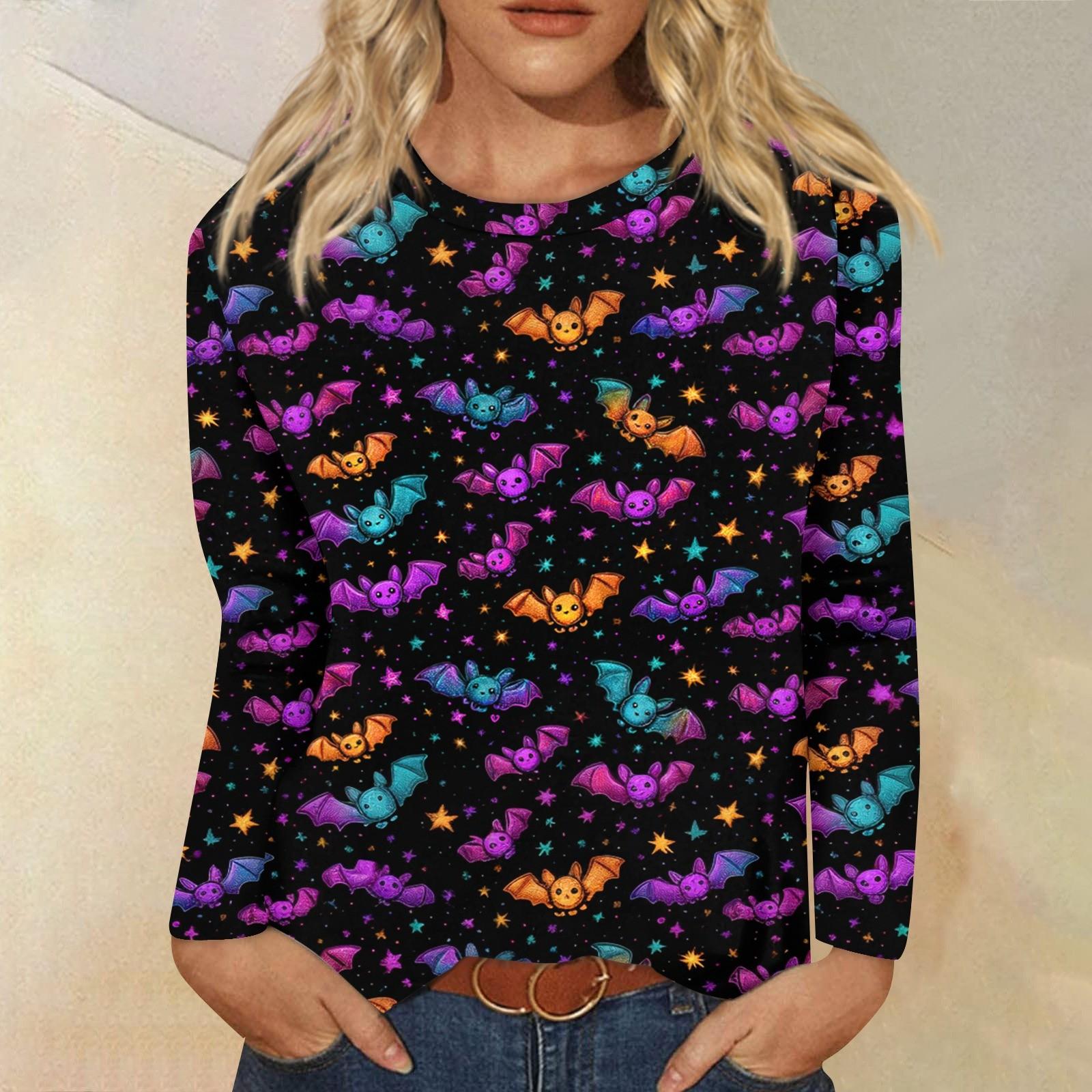 

Женская мода повседневная блузка с длинным рукавом и принтом на Хэллоуин с круглым вырезом S чёрный