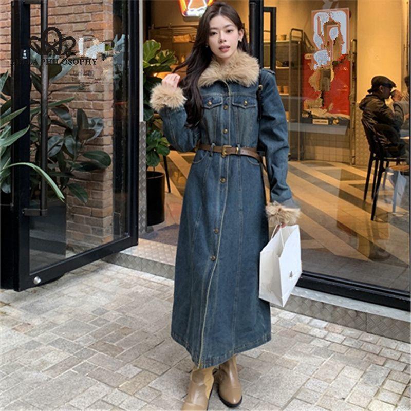 Robe en jean de coton épais à col pour femme, nouvelle collection hiver, manteau de style rétro, longue ligne A, style décontracté