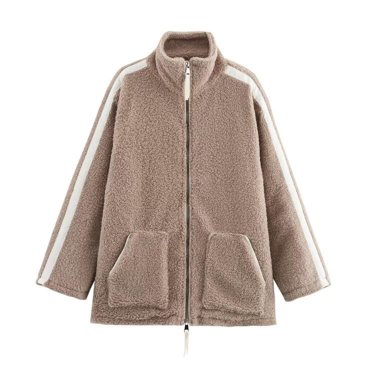 

2024 Winter Women High Neck Zip Jacket Lambswool Side Stripe Camel Coat L