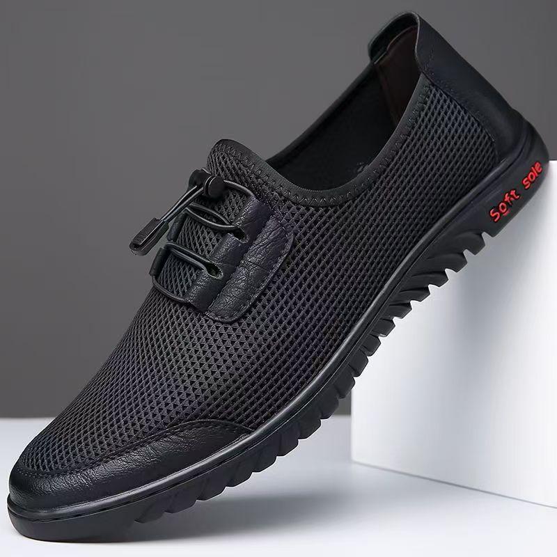 Summer new men's fly-woven mesh breathable casual shoes black flat-bottomed lightweight men's shoes