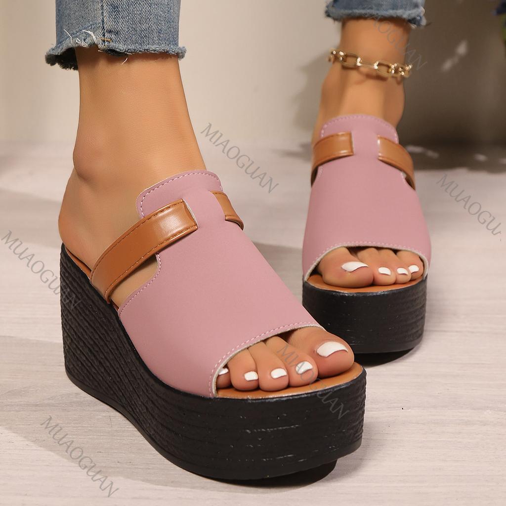 Fashion Wedges High Heel Sandals Slippers for Women Summer New Thick Bottom Beach Slipper Ladies Outside Wear Spelling Colour Slides