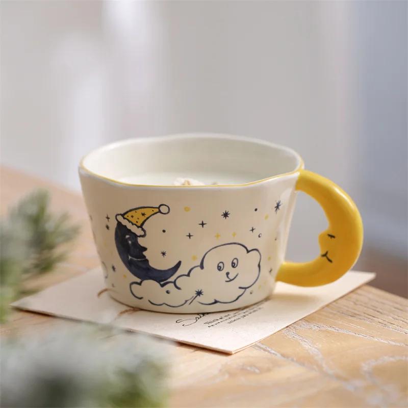 300ml Cute Cartoon Ladybug Dog Pattern Coffee Cup Creative moon handle Ceramic Mug Breakfast Milk Cups For Kids Birthday Gift