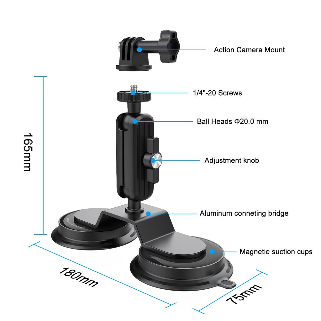 K03-2 For Insta360/GoPro Action Camera Bracket Magnetic Dual Suction Cup Rotatable Camera Stand