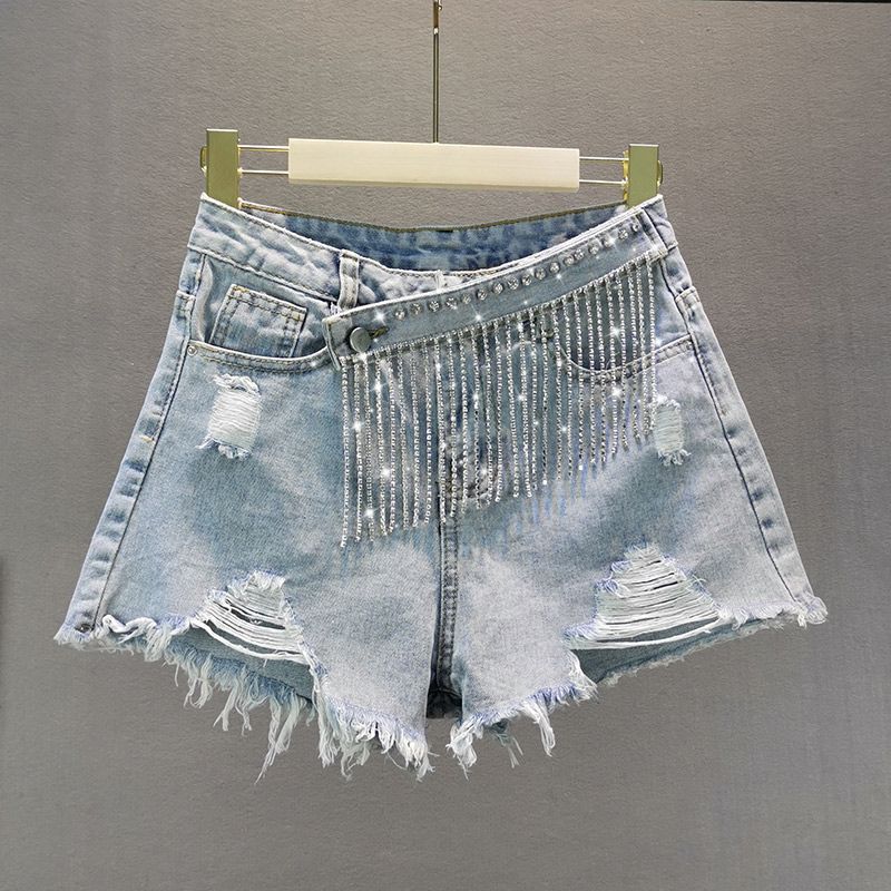 

European Station Summer Clothing Ripped Tassel A- line Denim Shorts Light Blue S