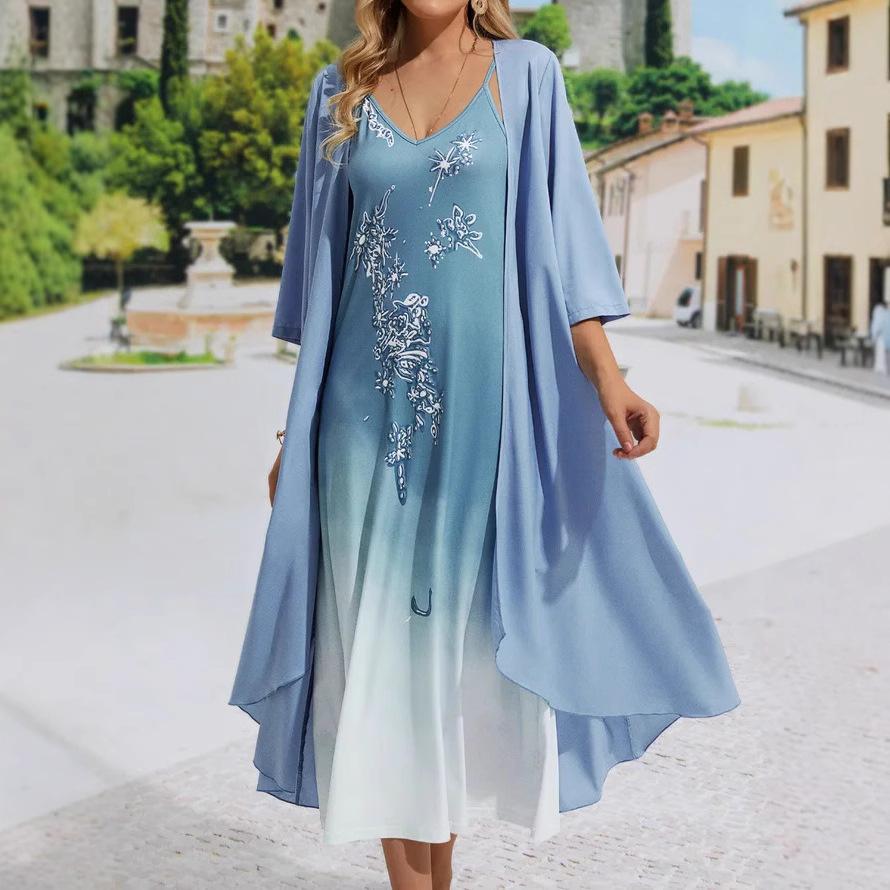 

Блакитно-біла омбре сукня на бретелях з квітковою вишивкою та кардиганом, літнє повсякденне вбрання для жінок XL