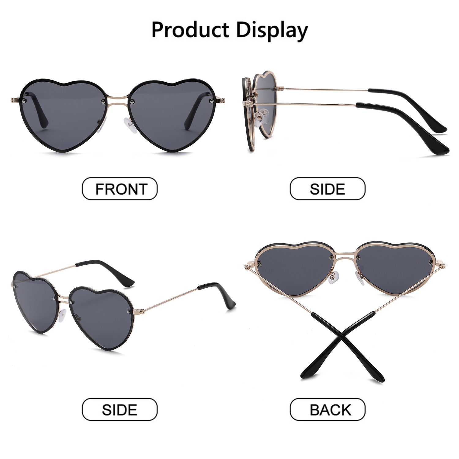 

Захист від УФ-променів Окуляри-серця для випускного вечора Сонцезахисні окуляри Окуляри-серця Без оправи Рожеві окуляри-хіпі Dark Grey