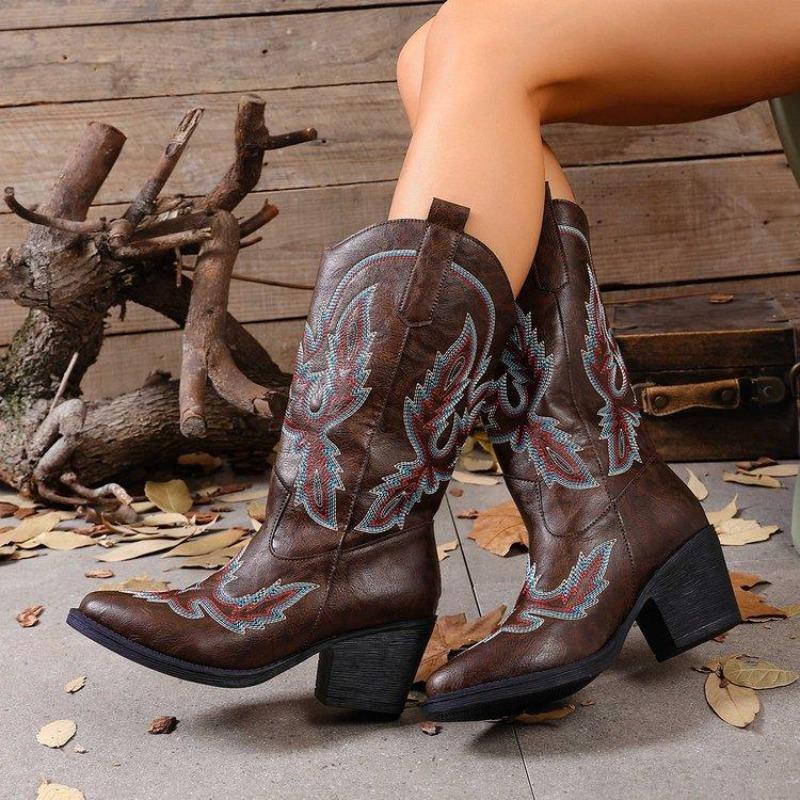Women's Wide Width Embroidered Cowboy Boots, Western Style Mid-Calf Riding Boots, Vintage Chelsea Martin Boots for Women