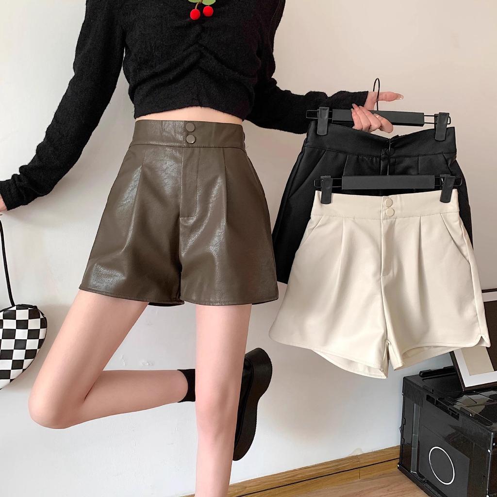 Women's High-Waist PU Leather Shorts, Autumn/Winter 2024, Slim A-Line Brown Wide-Leg Pants, Suitable for Outerwear or Boots.