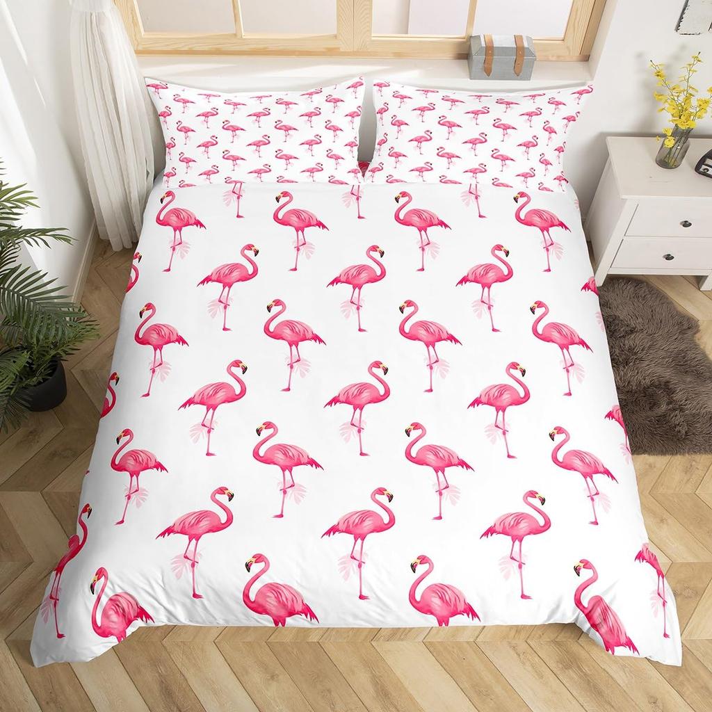 Pink Flamingo Bedding Set Palm Leaves Printed Decor Duvet Cover Twin Size Tropical Green Plants Floral Pattern Nature Themed