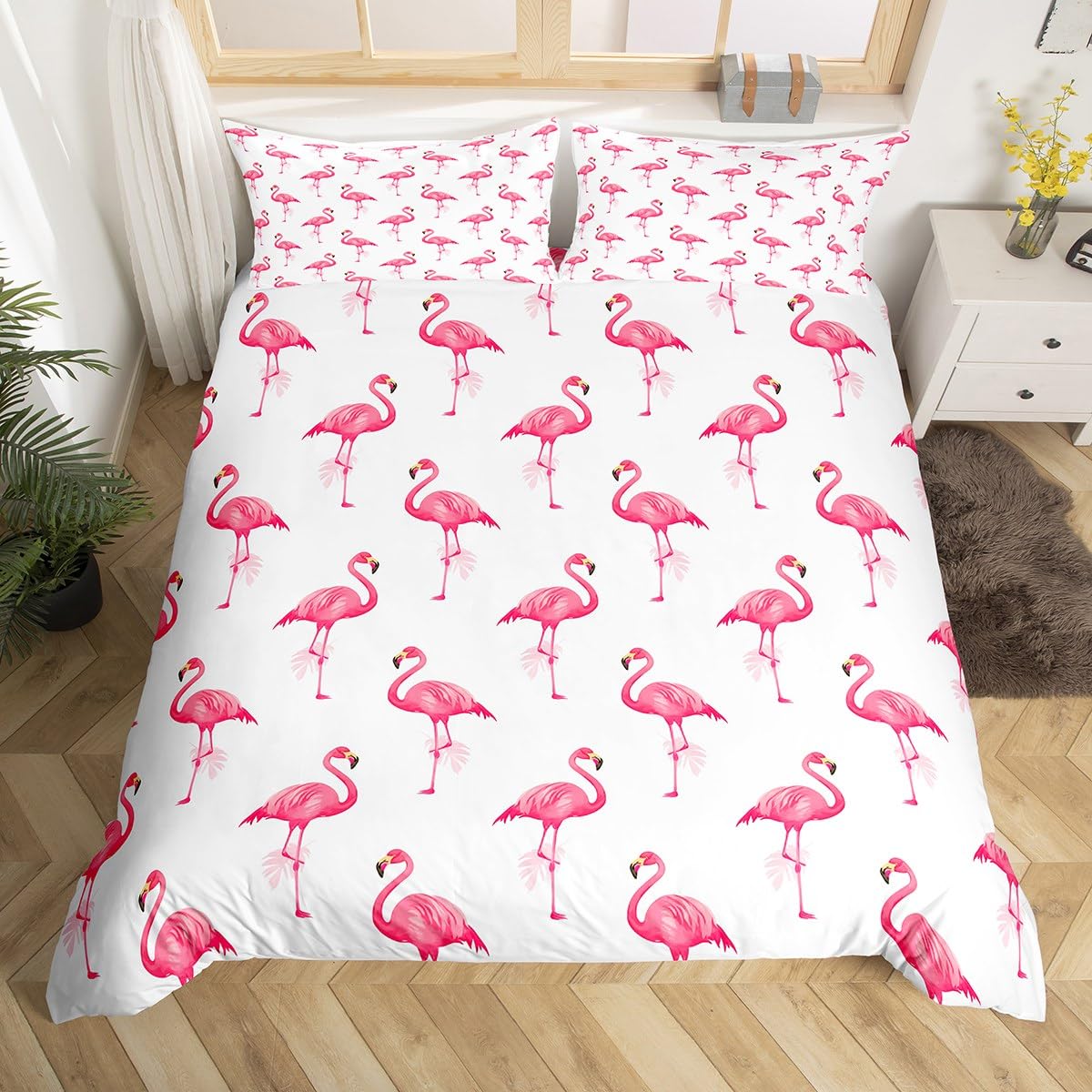 

Pink Flamingo Bedding Set Palm Leaves Printed Decor Duvet Cover Twin Size Tropical Green Plants Floral Pattern Nature Themed EU Single(135x200cm)
