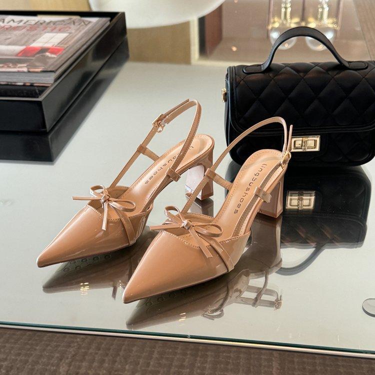 

Soft leather version~ French pointed high heels female 2025 new fairy style bow back empty thin heel bag head sandals 40