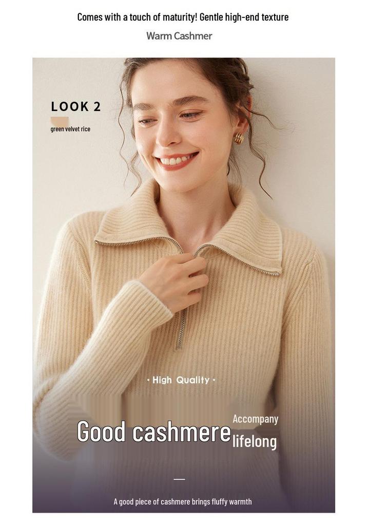 Women's Cashmere Half-Zip High Neck Loose Pullover Sweater