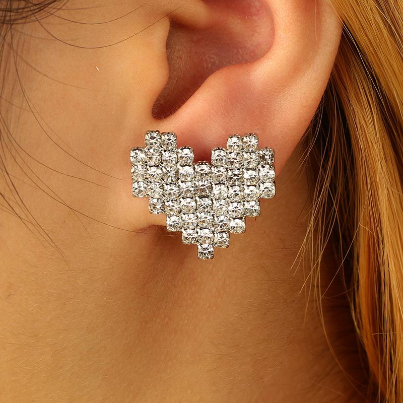 Korean Temperament Versatile Rhinestone Heart Long Section Earings Jewelry Personality Statement Earrings For Women