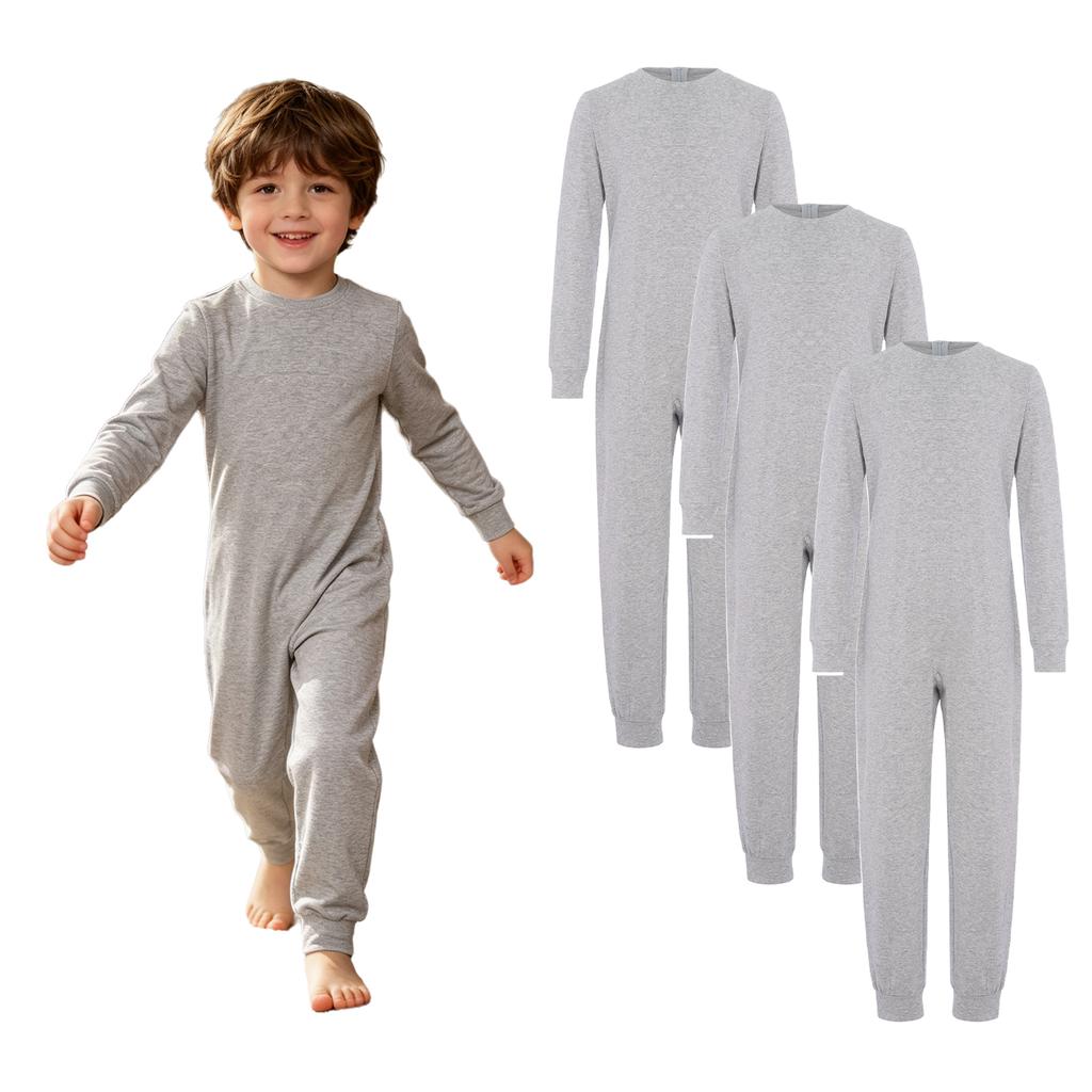 3Pcs Unisex Kids Cotton Jumpsuit Round Neck Long Sleeve Back Invisible Zipper Special Needs Adaptive Clothing for Boys Girls