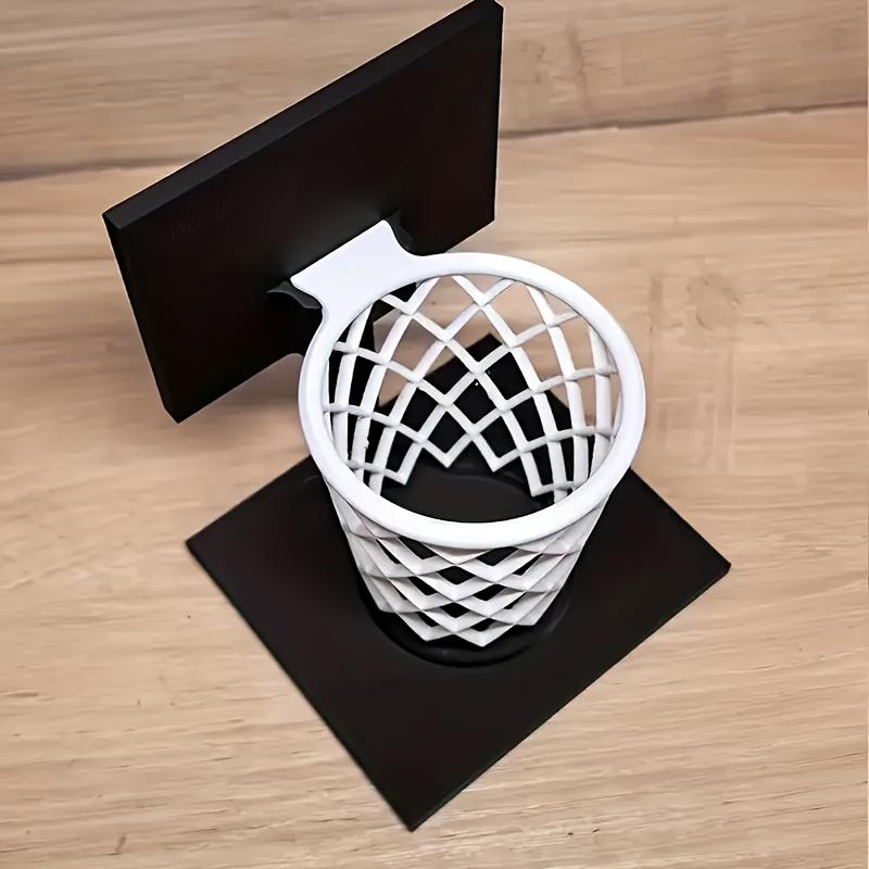 1pc 3D Printed Basketball Hoop Pen Holder-Creative Desktop Organizer with Black Base and White Mesh Design,Space-Saving