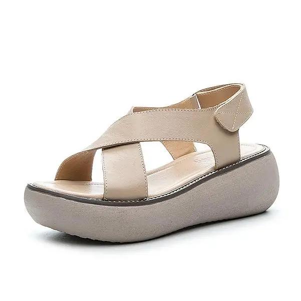 Fashion Fashion Summer Vintage Genuine Leather Flat Platform Sandals Women Hook And Loop Cross Strap Flat Outdoors Sandals size 34-40