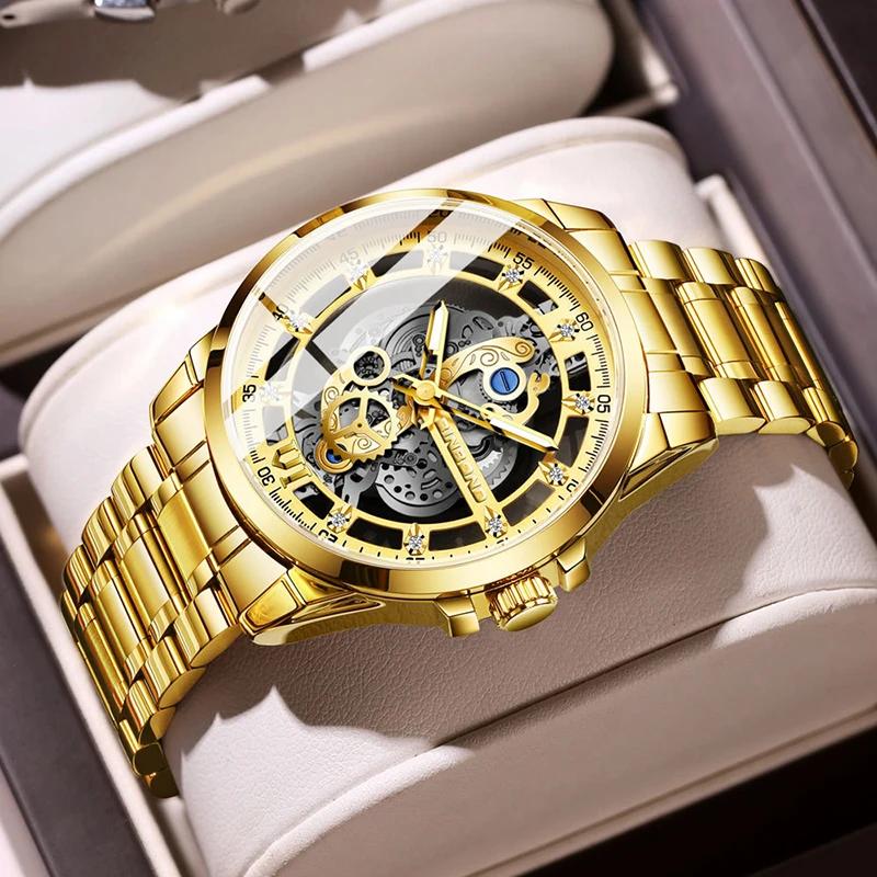 BINBOND Neue Herrenuhr, authentischer Luxus, trendige, ausgehöhlte, leuchtende, wasserdichte Quarzuhr aus Edelstahl/Leder