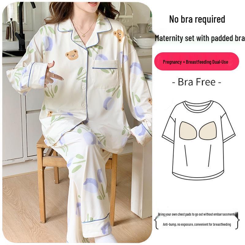 Plus Size Maternity & Postpartum Pajama Set with Breast Pads - Long Sleeve, Spring & Autumn Nursing Wear