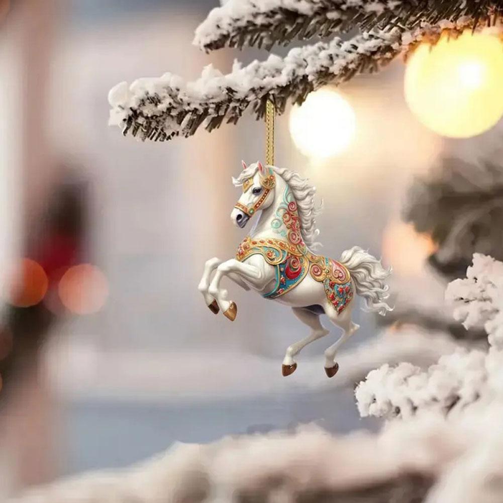 5PCS Modern Horse Ornaments White Acrylic Flat Hanging Decor Home 2026 New Year Christmas Tree Decoration Simple Style Gift Set