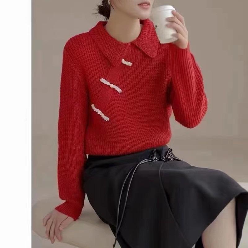 Polo collar loose pullover autumn and winter antique new top lazy chic knitted sweater women's trend