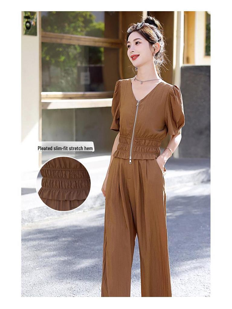 Summer 2024 Women's Two-Piece Suit: Chic Casual Tops & Wide-Leg Pants