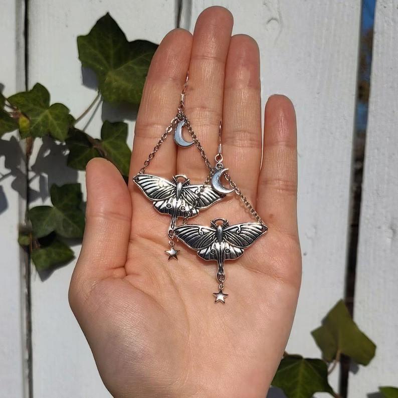 White Crystal Pendant Silver Color Star Tassel Carved Moth Dangle Earrings for Women Gothic Witchcraft Style Aesthetics Jewelry
