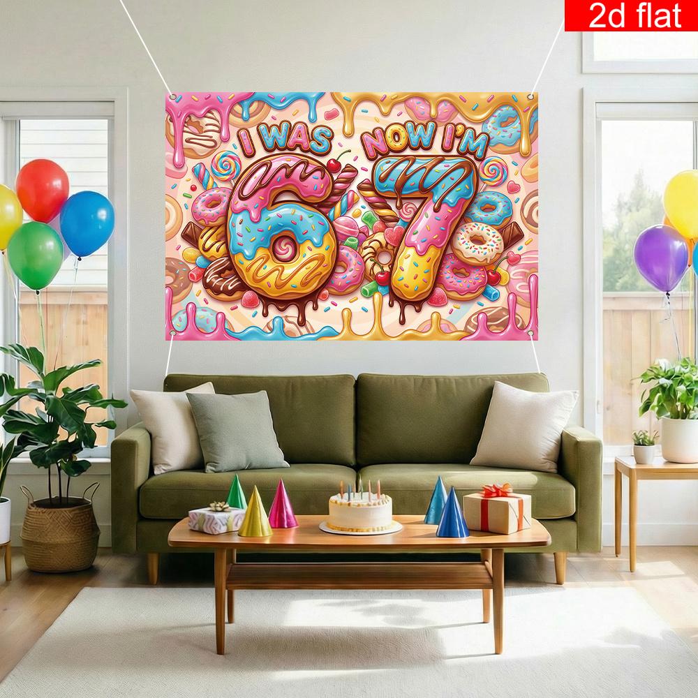 1 Piece 2D Banner | Birthday Party Background, Made of Polyester, Full of Desserts - "I Was 6 Years Old, Now I'm 7 Years Old"